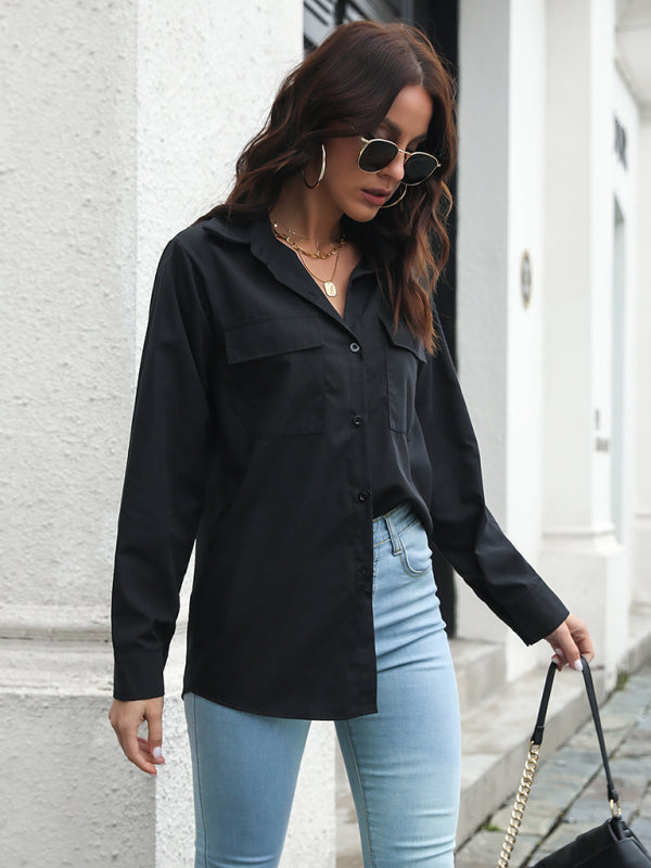 Women's double pocket long sleeve loose shirt