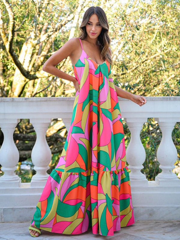Deep V Backless Dress Bohemian Floral Suspender Long Skirt