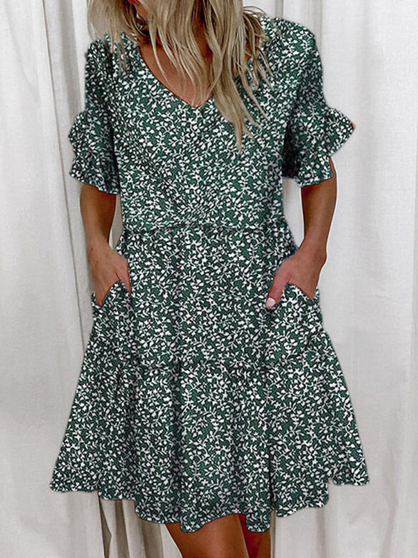 Loose Fashion V-neck Short Print Ruffle Pocket Dress