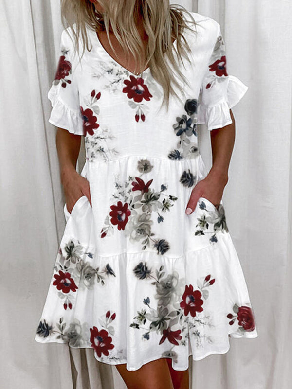 Loose Fashion V-neck Short Print Ruffle Pocket Dress