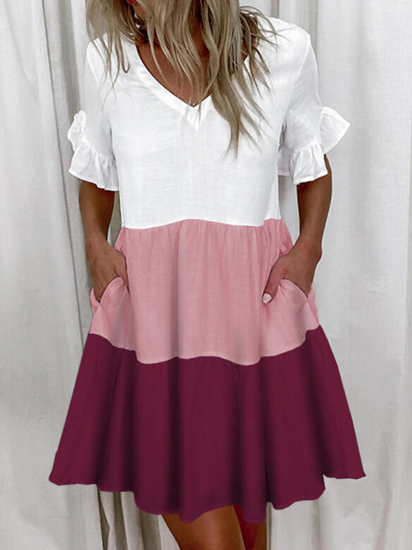 Loose Fashion V-neck Short Print Ruffle Pocket Dress
