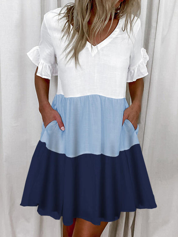 Loose Fashion V-neck Short Print Ruffle Pocket Dress