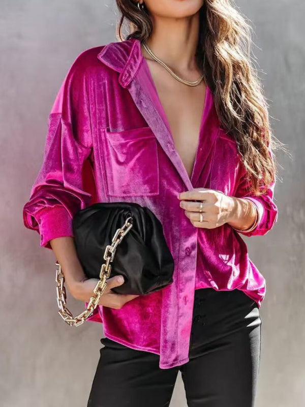 Women's velvet shirt lapel single breasted top