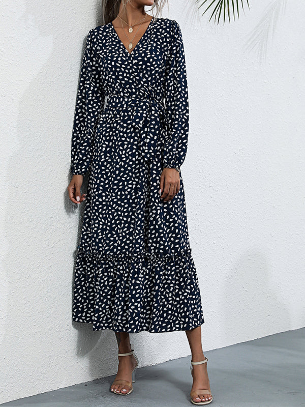 Women's temperament black polka dot long-sleeved dress