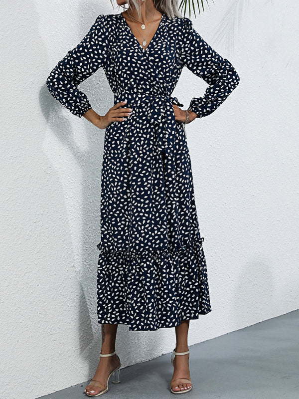 Women's temperament black polka dot long-sleeved dress