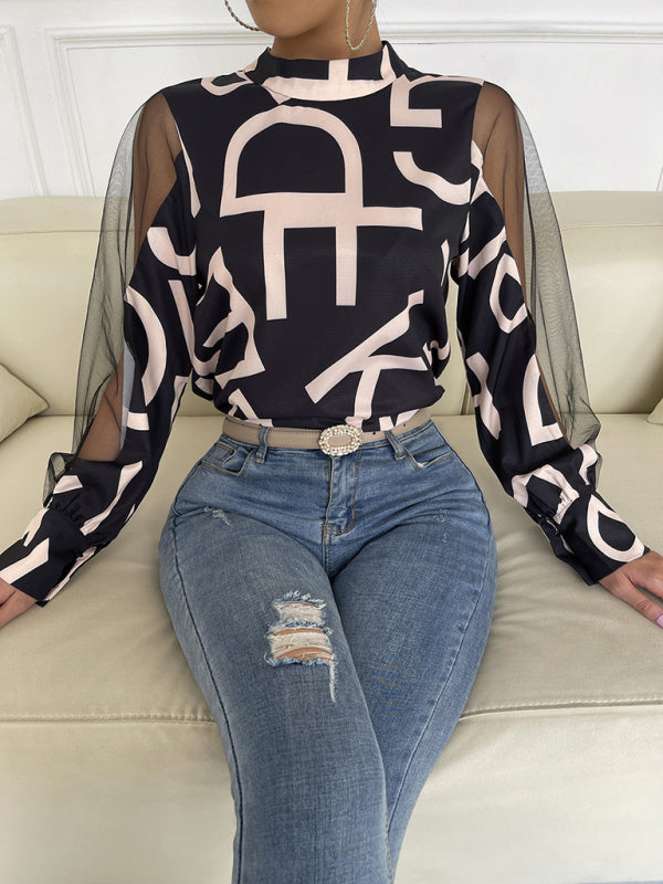 Women's geometric print stitching mesh round neck long-sleeved top
