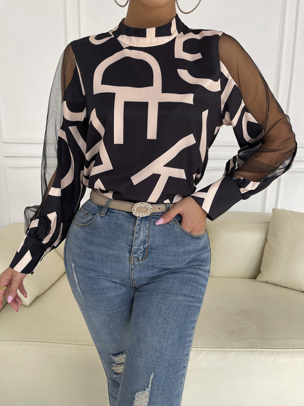 Women's geometric print stitching mesh round neck long-sleeved top