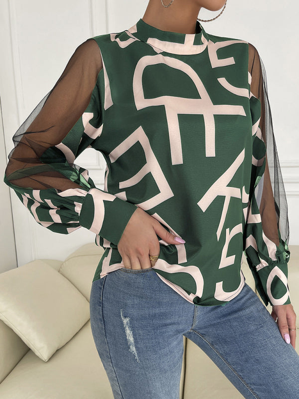 Women's geometric print stitching mesh round neck long-sleeved top
