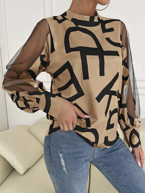 Women's geometric print stitching mesh round neck long-sleeved top