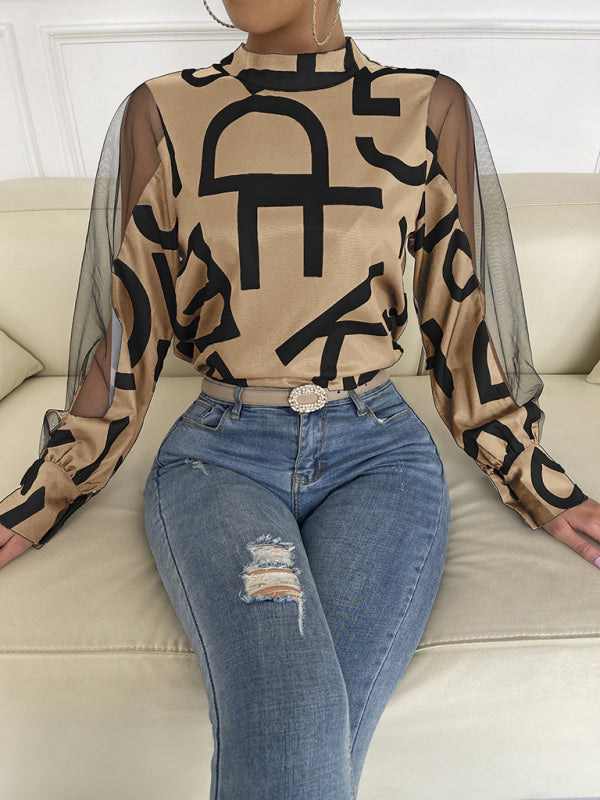 Women's geometric print stitching mesh round neck long-sleeved top