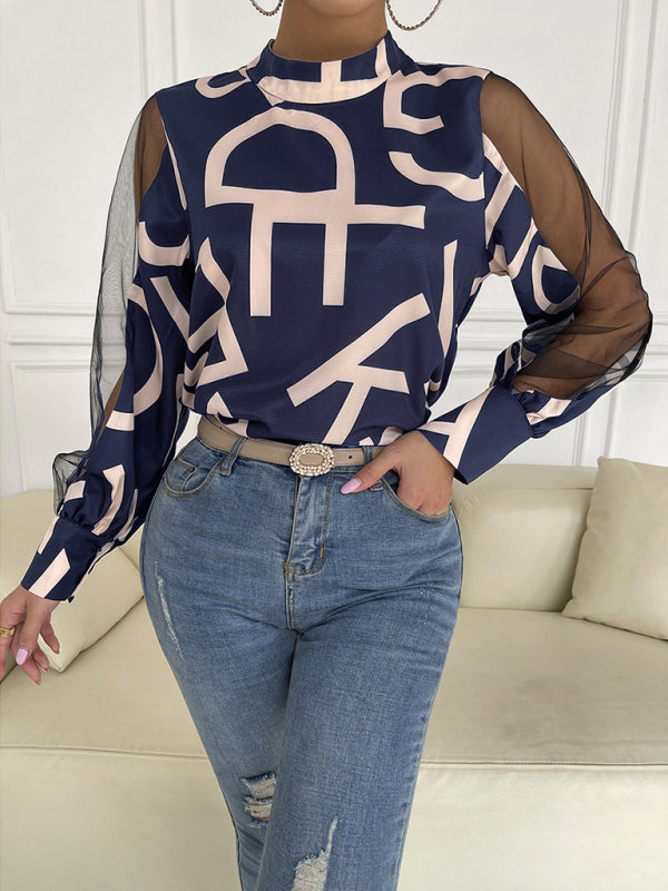 Women's geometric print stitching mesh round neck long-sleeved top