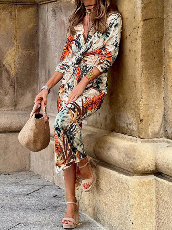 Women's Leaf Print Kink V-Neck Dress