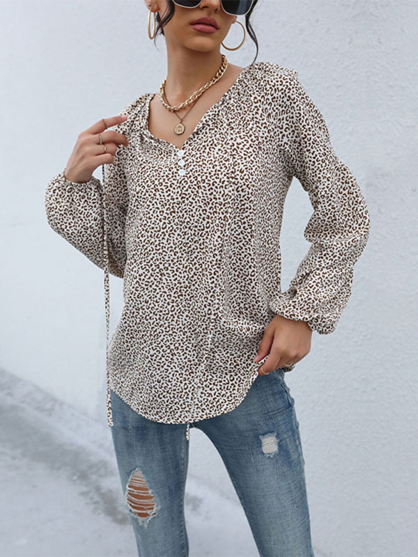 New retro tops foreign style long-sleeved drawstring leopard v-neck shirt