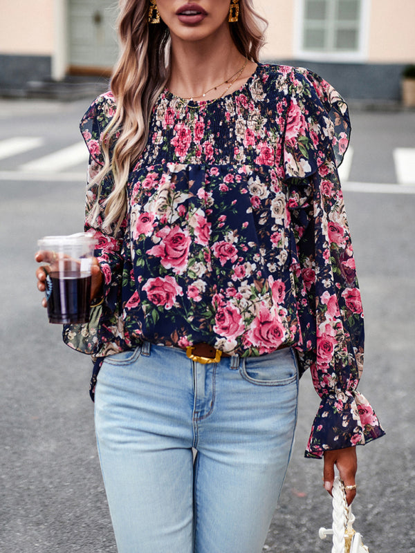 New women's elegant commuter floral long-sleeved shirt