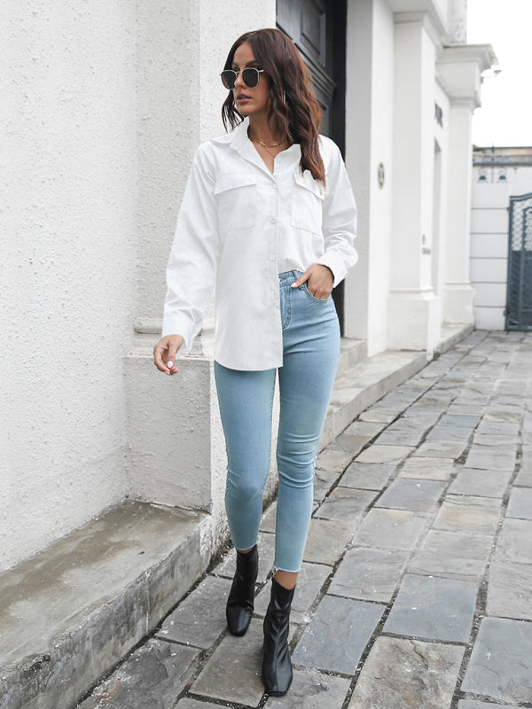 Women's double pocket long sleeve loose shirt