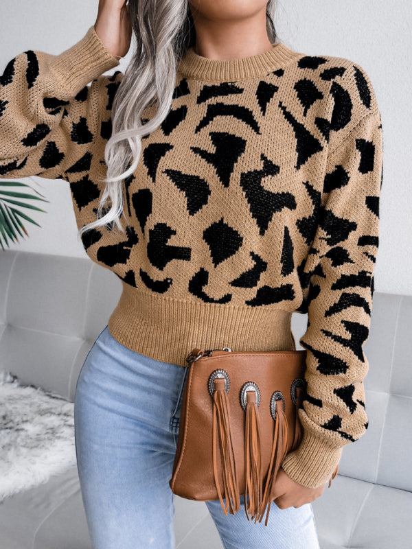 Women's casual leopard waist closed knit navel sweater
