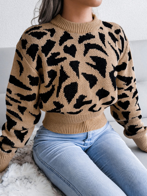 Women's casual leopard waist closed knit navel sweater