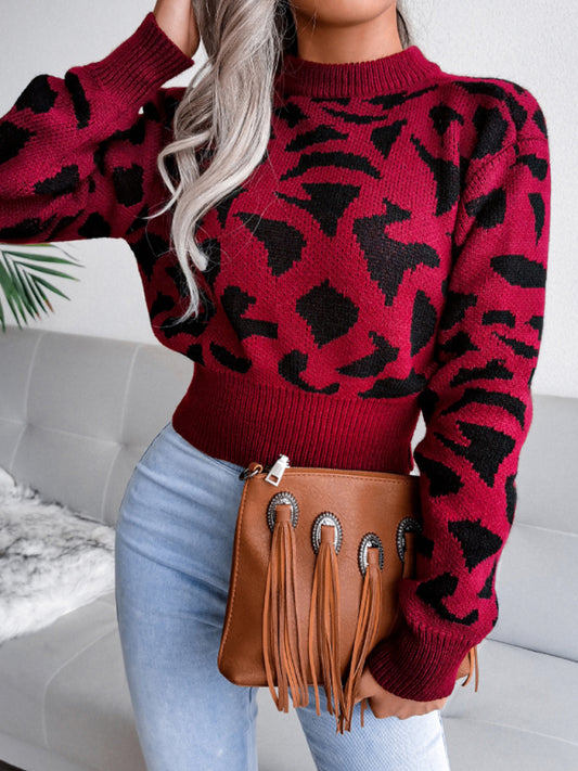 Women's casual leopard waist closed knit navel sweater