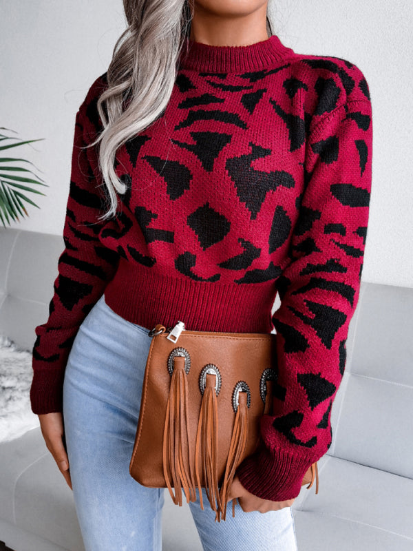 Women's casual leopard waist closed knit navel sweater