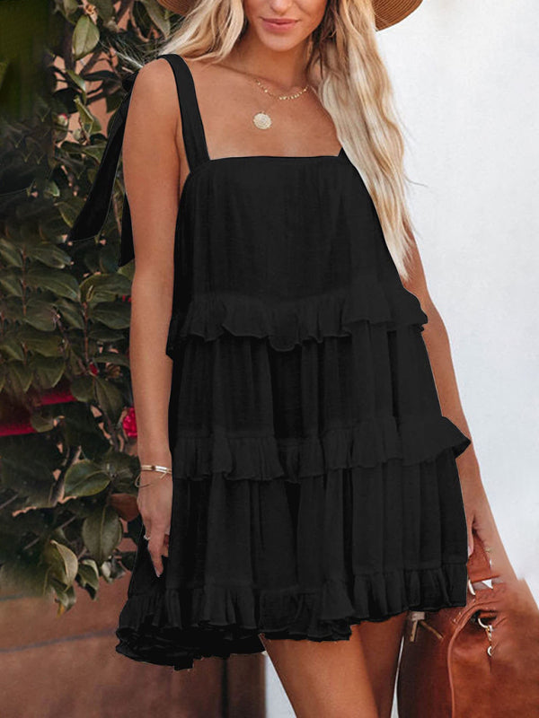 Women's Solid Color Ruffled Strappy Strap Dress