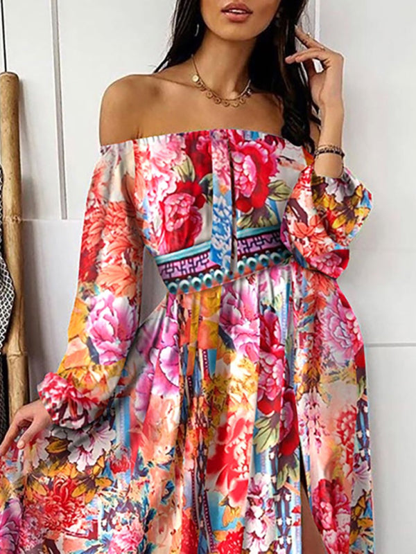 Printed Dress One-shoulder pullover retro long-sleeved long-sleeved dress with slits