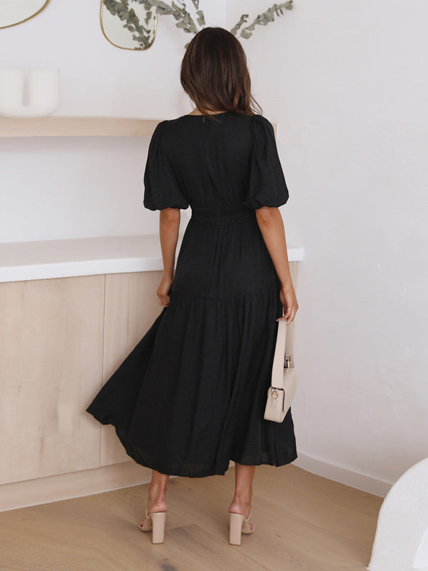 Holiday Style Deep V Puff Sleeve Dress