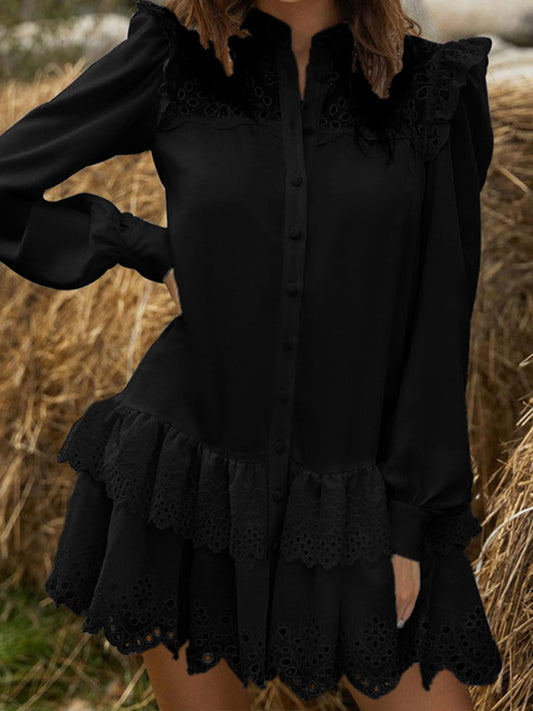 New Fashion Sexy Hollow Lace Shirt Dress