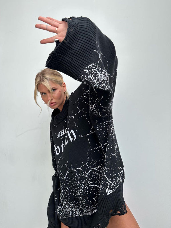 Women's loose letter embroidered holed long sleeve sweater