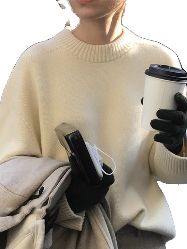 New soft and waxy round neck pullover loose high-quality solid color bottoming sweater top