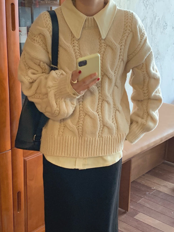 Women's New Lazy Round Neck Twist Thick Pullover Knit Sweater