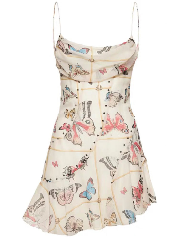 New French style pure desire butterfly print suspender sexy backless dress