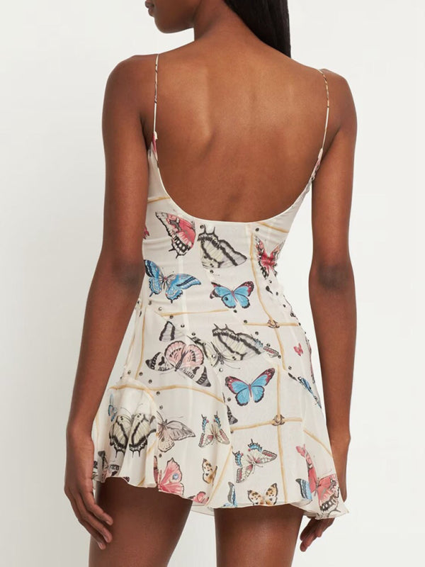 New French style pure desire butterfly print suspender sexy backless dress