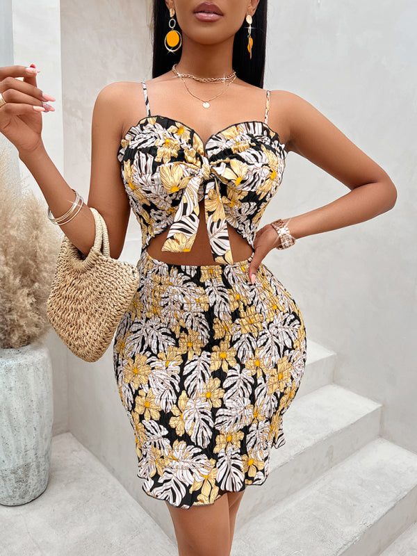 Sexy printed waist-cinching suspender dress for women