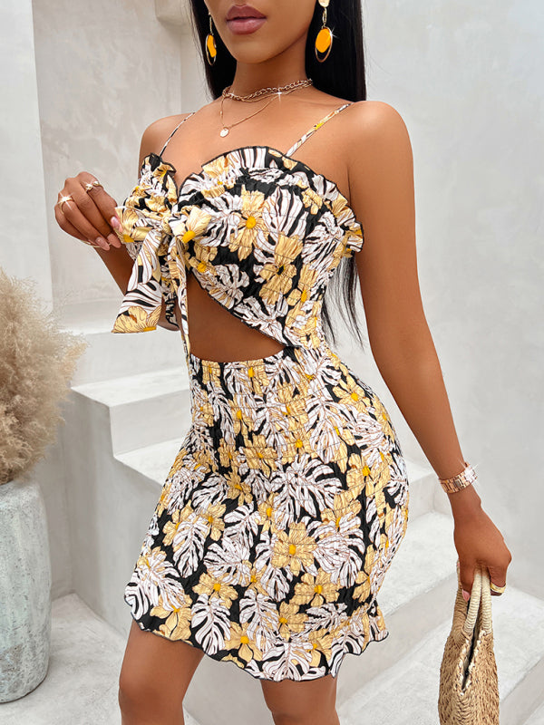 Sexy printed waist-cinching suspender dress for women