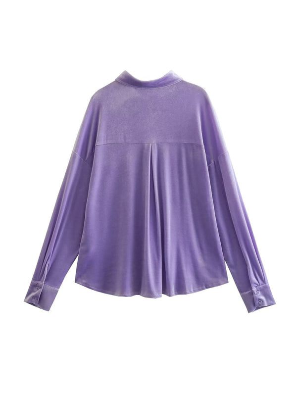 Women's velvet shirt lapel single breasted top