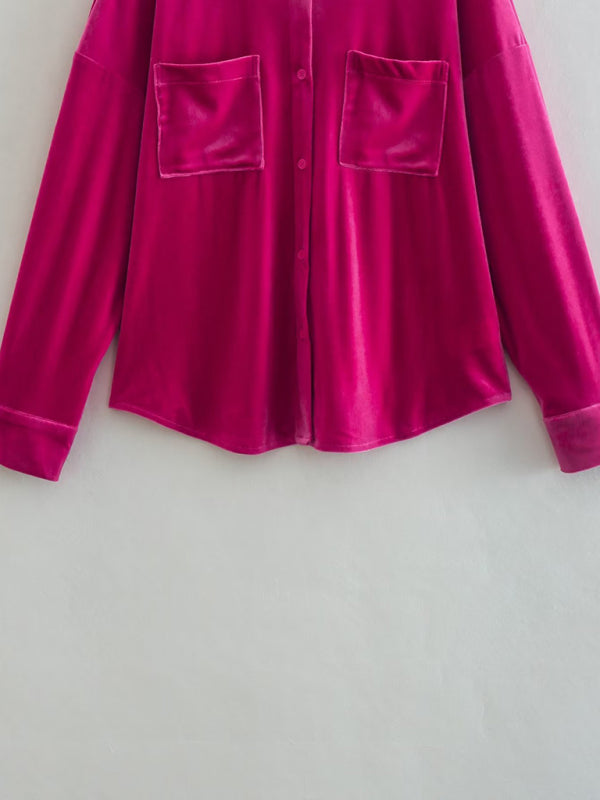 Women's velvet shirt lapel single breasted top