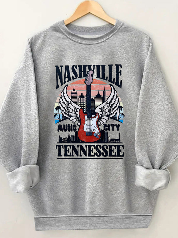Women's wholesale round neck casual guitar pattern sweatshirt
