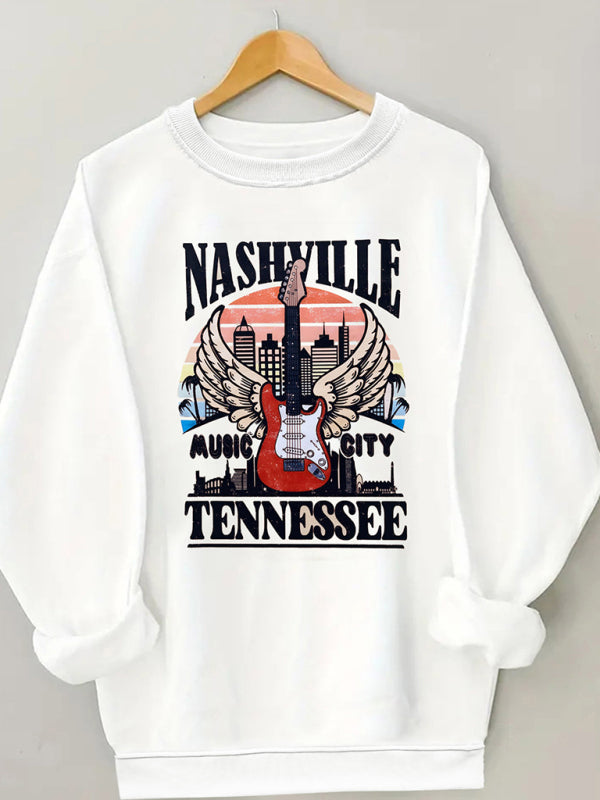 Women's wholesale round neck casual guitar pattern sweatshirt