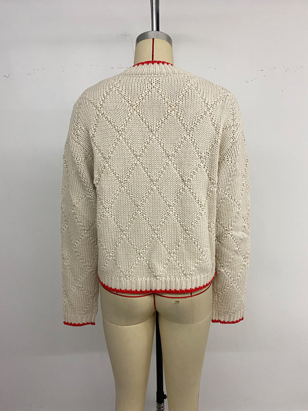 New contrasting color trim fish pattern round neck pullover knitted sweater