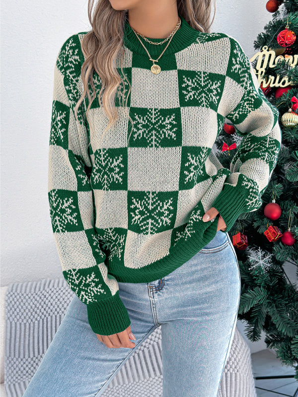 Christmas Snowflake Plaid Lantern Long Sleeve Pullover Sweater