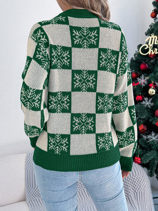 Christmas Snowflake Plaid Lantern Long Sleeve Pullover Sweater