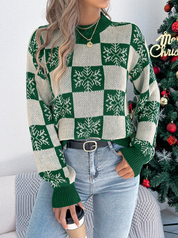 Christmas Snowflake Plaid Lantern Long Sleeve Pullover Sweater