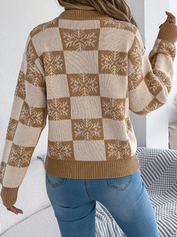 Christmas Snowflake Plaid Lantern Long Sleeve Pullover Sweater