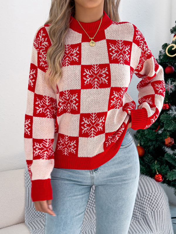 Christmas Snowflake Plaid Lantern Long Sleeve Pullover Sweater
