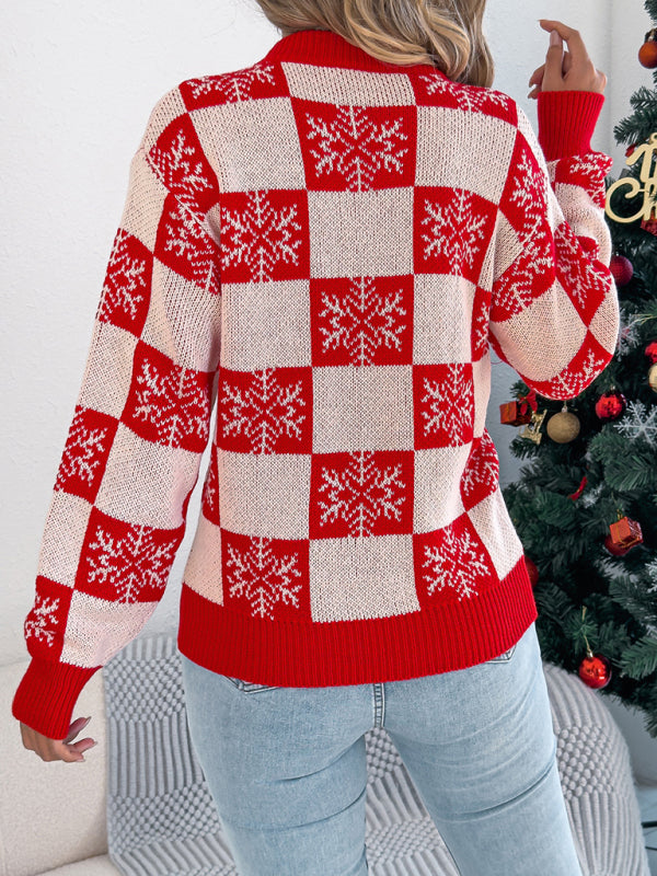 Christmas Snowflake Plaid Lantern Long Sleeve Pullover Sweater