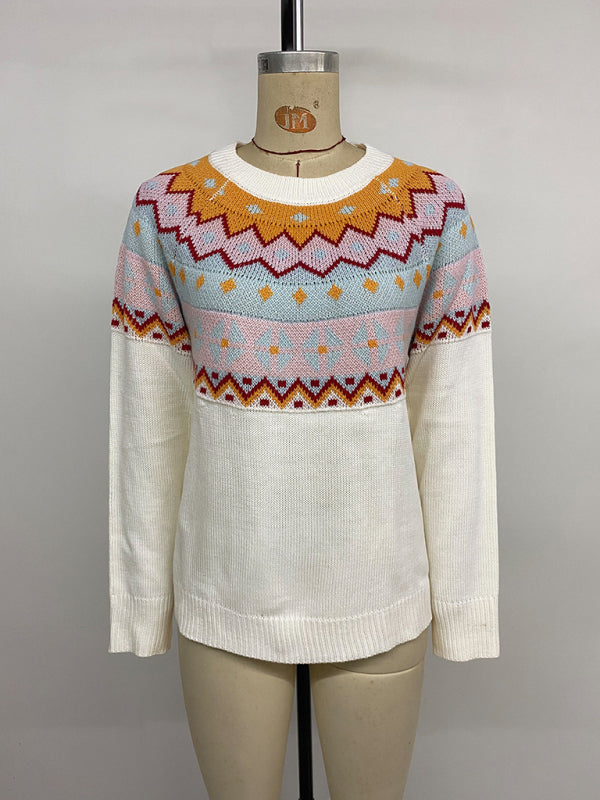 Casual loose contrast jacquard long-sleeved crew neck sweater