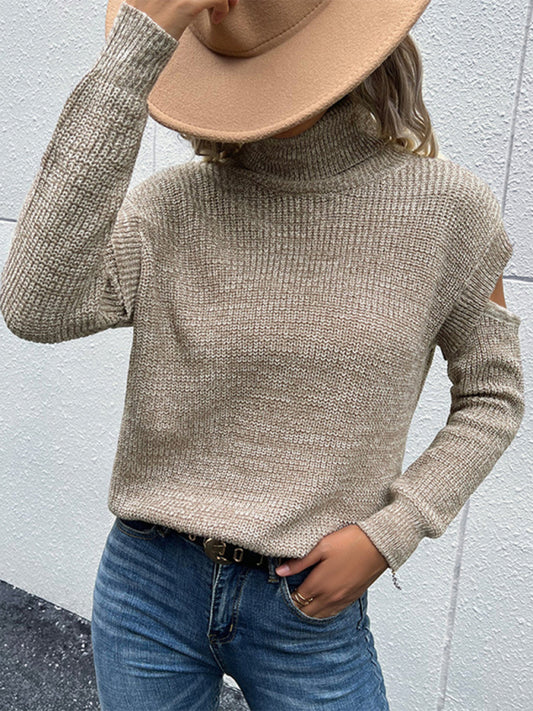 Women's Turtleneck Long Sleeve Solid Color Cutout Off Shoulder Sweater