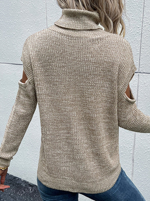 Women's Turtleneck Long Sleeve Solid Color Cutout Off Shoulder Sweater