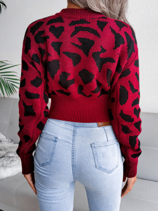 Women's Casual Leopard Print Nipped Knit Crop Navel Sweater