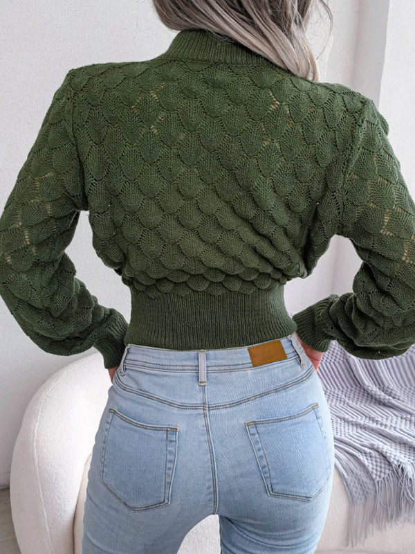Women's Diamond Cutout Long Sleeve Crop Knit Sweater
